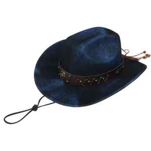 Detail view of navy blue fedora hat with brown leather band and adjustable wind rope