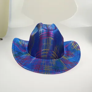 Close-up of blue cowboy hat with colorful holographic grid pattern for party costumes