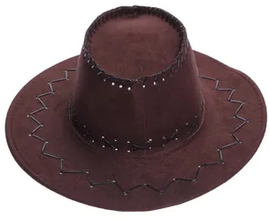 Detail of dark brown cowboy hat with decorative black stitching and suede texture