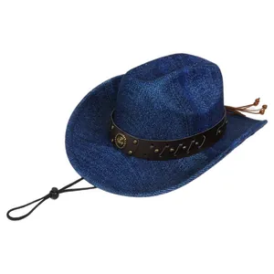 Detail of blue western cowboy hat with brown leather rivet band and windproof rope
