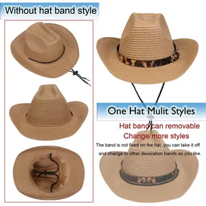 Detail eines Stroh-Cowboyhuts mit abnehmbarem Leopardenband und verstellbarem Kinnriemen