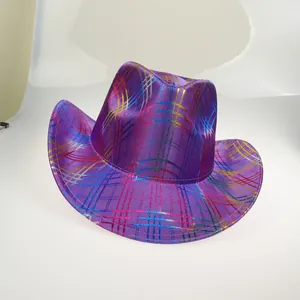 Purple wide brim cowboy hat with colorful metallic grid patterns for party festivals