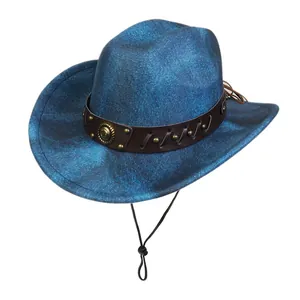 Close-up of vintage blue fedora with leather band, metal studs, and adjustable wind rope
