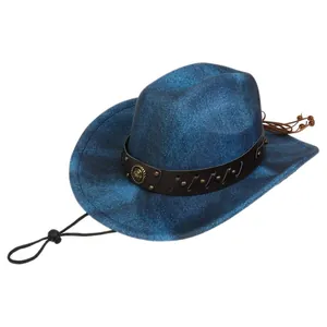 Detail of distressed blue cowboy hat with leather band, studs and windproof rope