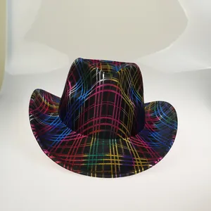 Macro shot of colorful metallic grid texture on a rainbow striped party cowboy hat