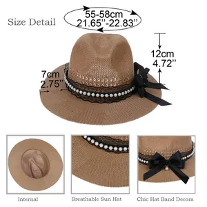Detailed size chart for breathable straw hat with 55-58cm head circumference and pearl band