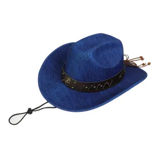 Detail of dark blue fedora with leather band, gold studs and adjustable wind cord