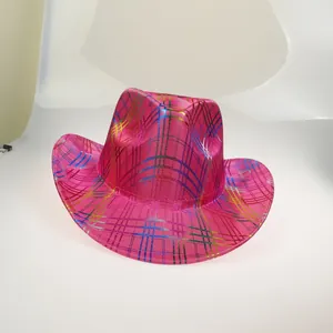 Detailed view of colorful metallic striped pattern on hot pink western cowboy party hat
