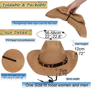 Größentabelle für faltbaren Stroh-Cowboyhut mit 56-58cm Umfang und praktischem Windschutzseil