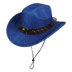 Detail of vintage blue jazz hat featuring leather band with studs and chin cord