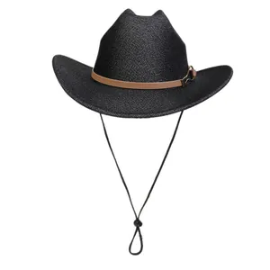 Chapeau de cowboy tissé noir classique avec bande en cuir marron et cordon coupe-vent