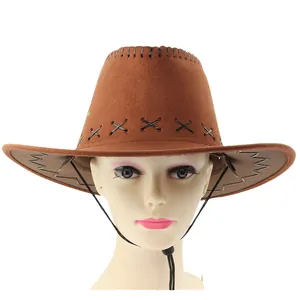 Brown American Western cowboy hat with black decorative stitching and windproof rope for hiking