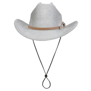 Chapeau de cowboy argenté pailleté avec ceinture marron et cordon de serrage réglable