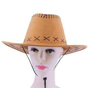 Classic camel faux suede western cowboy hat with adjustable chin strap and hand-stitched detail