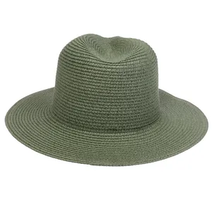 Detailed macro view of olive green wide brim straw Panama hat with spiral weave texture