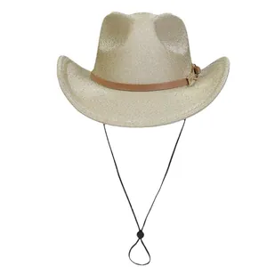 Chapeau de cowboy doré à paillettes avec bande en cuir et mentonnière réglable