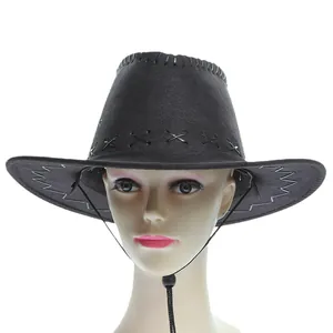 Black western cowboy sun hat with decorative stitching and adjustable windproof strap