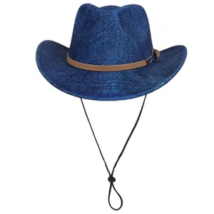 Blue woven fedora jazz hat with brown leather band and adjustable windproof chin strap