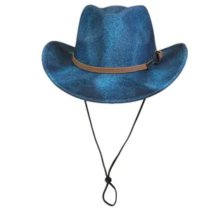 Navy blue vintage polyester fedora hat with brown leather band and windproof rope