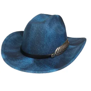 Detailansicht blauer Cowboyhut mit Marmormuster und silberner Blattform-Verzierung