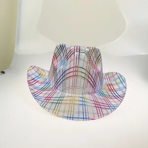 Detail shot of rainbow striped cowboy hat with vibrant checkered pattern for party events