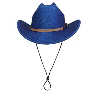 Blue glitter western cowboy hat with brown leather band and adjustable wind rope