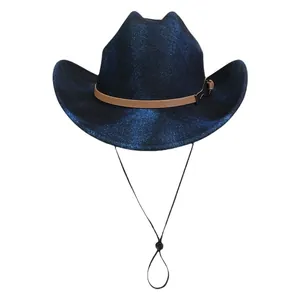 Glittery dark blue vintage fedora hat with brown leather band and windproof rope