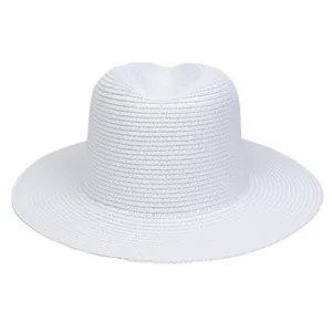 Close-up of fine woven texture and brim detail of a white Panama straw sun hat