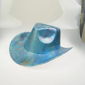 Top view of a metallic blue snake pattern western cowboy hat with wide rolled brim