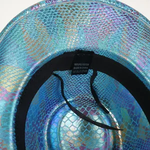 Close-up of internal sweatband and polyester material label on colorful cowboy hat