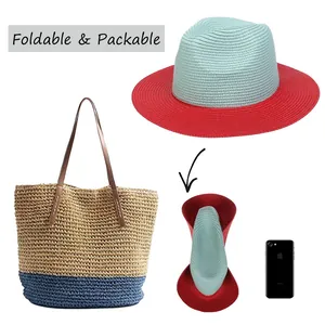 Foldable Panama sun hat and woven tote bag set with contrasting red and blue design