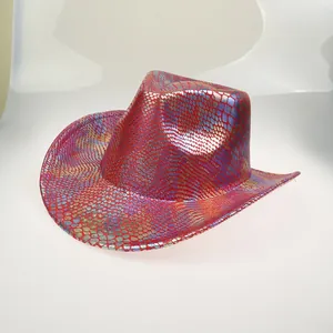 Close-up of metallic red and blue snakeskin texture on a stylish cowboy hat