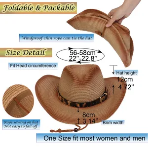 Detalle de sombrero de paja plegable marrón con cinta de leopardo y barboquejo ajustable