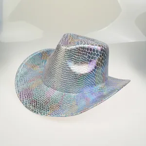 Detailed close-up of the iridescent laser finish and snakeskin pattern on a cowboy hat