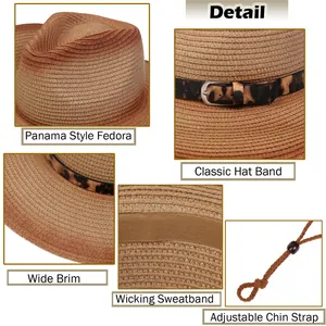 Detalle de sombrero de paja con banda de leopardo y correa ajustable para barbilla