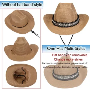 Detailansicht Stroh-Cowboyhut in Khaki mit Perlenband und verstellbarer Kordel zum Windschutz