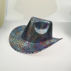 Detail of iridescent rainbow cowboy hat showing textured snakeskin pattern and metallic finish