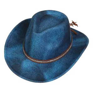 Blauer Western-Cowboyhut im Distressed-Look mit Strassband und Perlen-Lederkordelzug