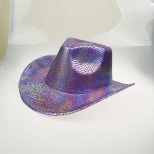 Macro view of purple sequined cowboy hat with shiny metallic snakeskin texture