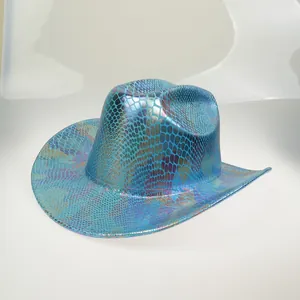 Macro detail of holographic blue snakeskin pattern on the party cowboy hat surface