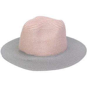Close-up of dual-tone straw hat with pink crown and grey brim showing woven texture