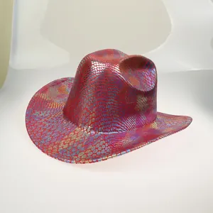 Macro detail of colorful snake skin texture on a metallic gradient western cowboy hat