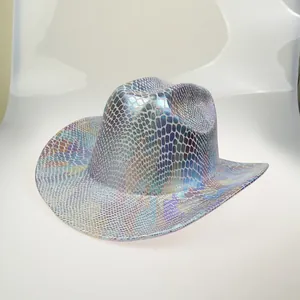 Macro detail of the holographic snake skin pattern on a vibrant western cowboy hat