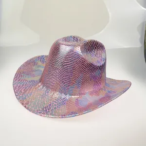 Close-up of holographic laser pink cowboy hat with a metallic snakeskin pattern finish
