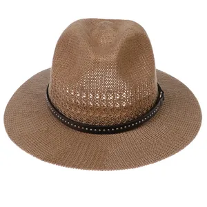 Detail of dark brown breathable mesh weave fedora with silver studded black belt band