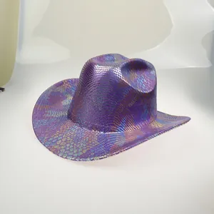 Top view of a purple snake pattern western cowboy hat with iridescent metallic texture