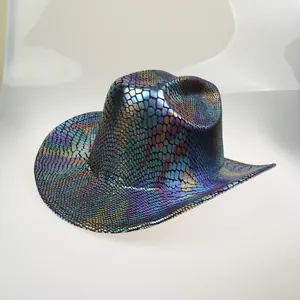 Detail of western cowboy hat with iridescent snakeskin pattern and metallic finish