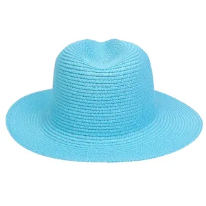 Detailed close-up showing the fine texture and weaving of the light blue straw Panama hat