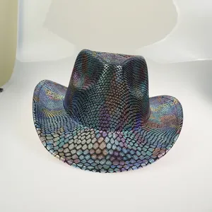 Rainbow metallic snake pattern western cowboy hat with wide curved brim for party fashion