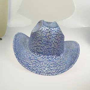 Blue and silver cracked pattern cowboy hat with metallic finish for festive parties